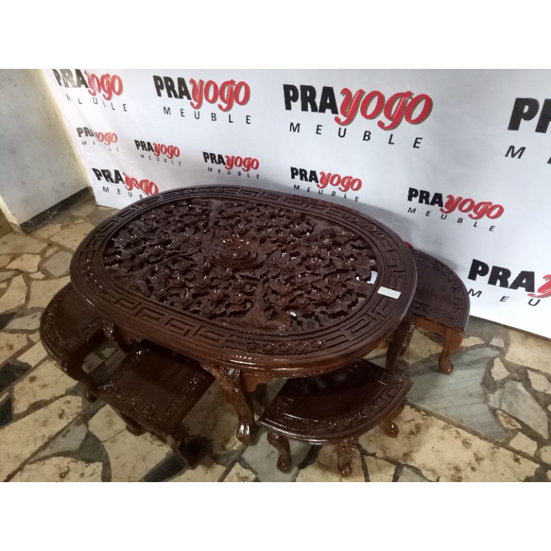 Meja osin oval motif bunga sakura - meja makan lesehan ukir osin - meja makan murah
