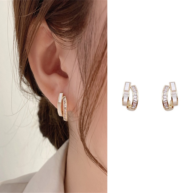 1 Pasang Anting Stud Berlian Imitasi Double Layer Gaya Korea Untuk Wanita