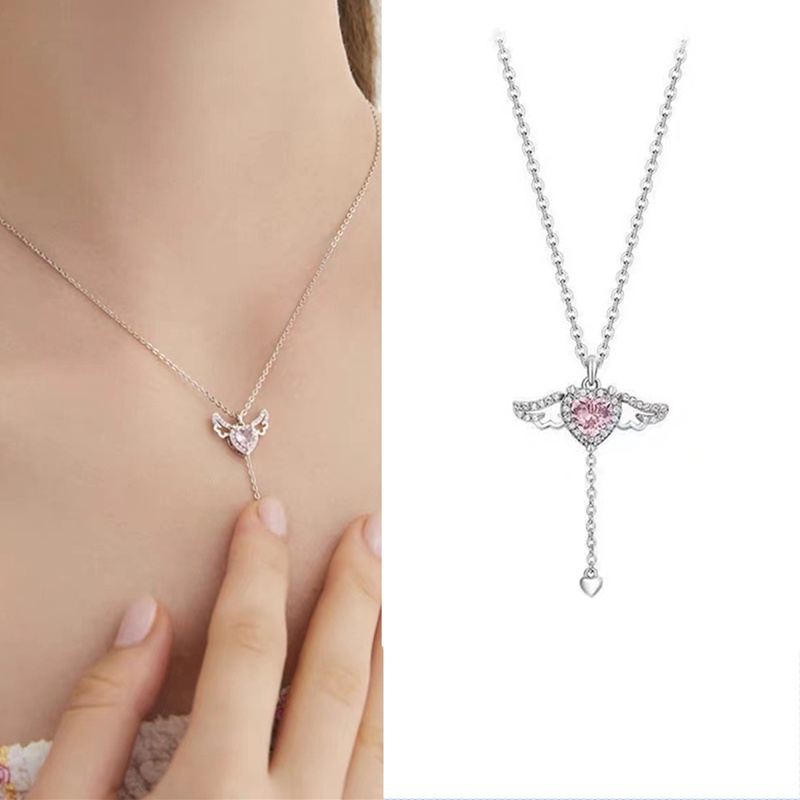 Barbie Kalung Rantai Silver 925 Liontin Hati + Sayap Malaikat Hias Cubic Zirconia Pink Untuk Wanita