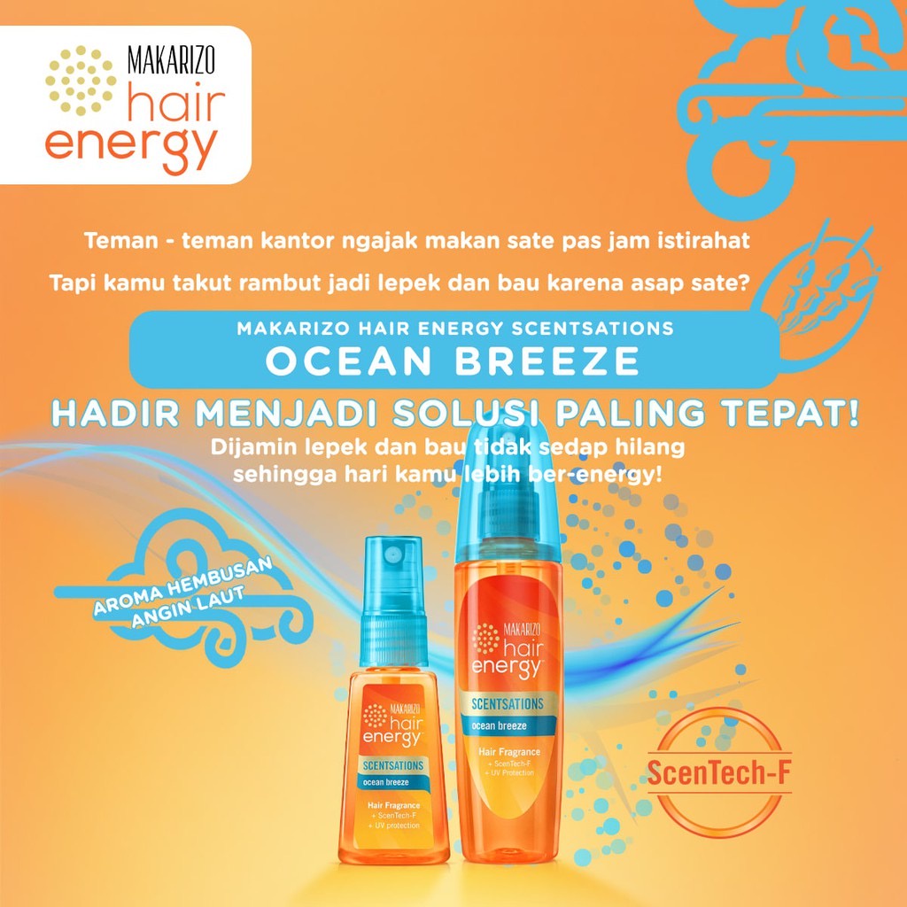 MAKARIZO Hair Energy Scentsations Ocean Breeze Indonesia / Hair Fragrance 30ml 100ml / ScenTech-F UV Protection Vitamin / Parfum Rambut Parfume Spray Mist Minyak Wangi Pewangi Body Badan / Morning Dew Cherry Blossoms White Musk Blue Coast Fresh Bouquet