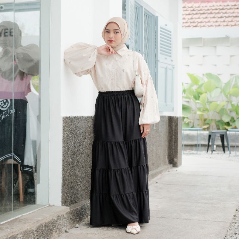 LEA SKIRT ROK TINGKAT REMPEL HYGET KARET FULL PINGGANG ROK POLOS PGMTA