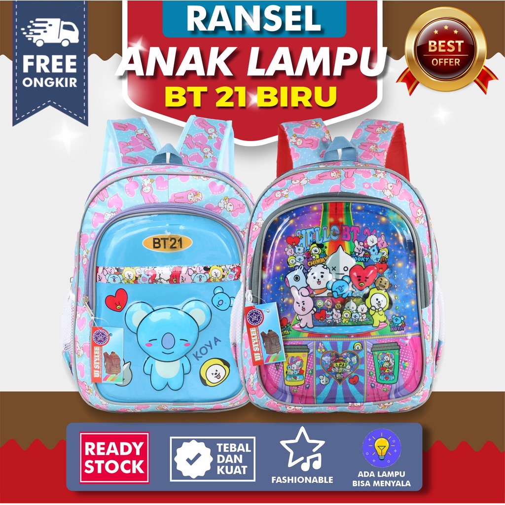 Tas Sekolah Anak Perempuan TK Lampu BT-21 Biru Paud  Gambar Kartun Karakter Terbaru Lucu Premium SD SMP Mini Murah BT21 Motif Karakter Berkualitas