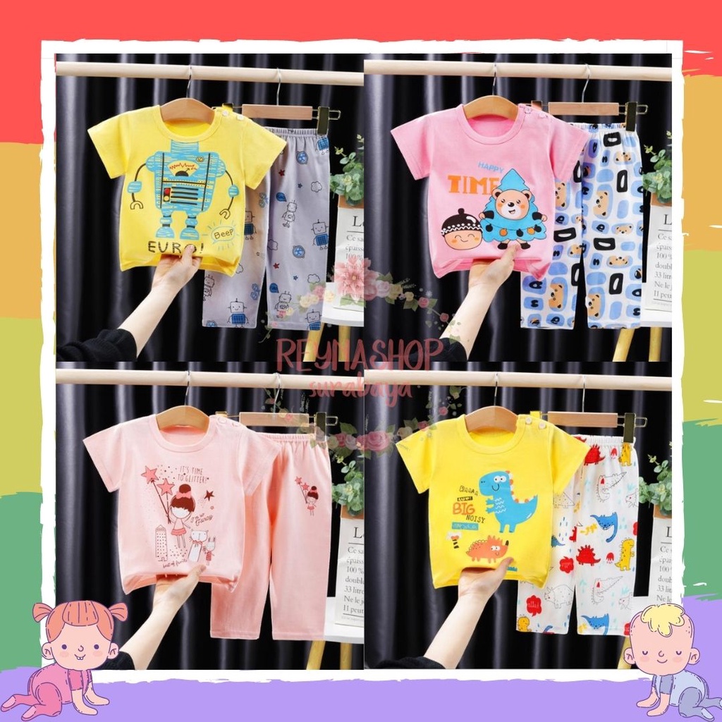 (SAW-SAZ) CP Baju Anak Setelan Anak Lengan Pendek Celana Panjang Motif Lucu Import