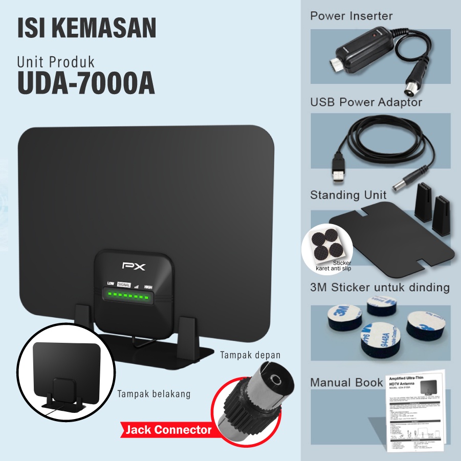 Antena TV Digital Indoor Dinding DVB-T2 + Booster LED PX UDA-7000A