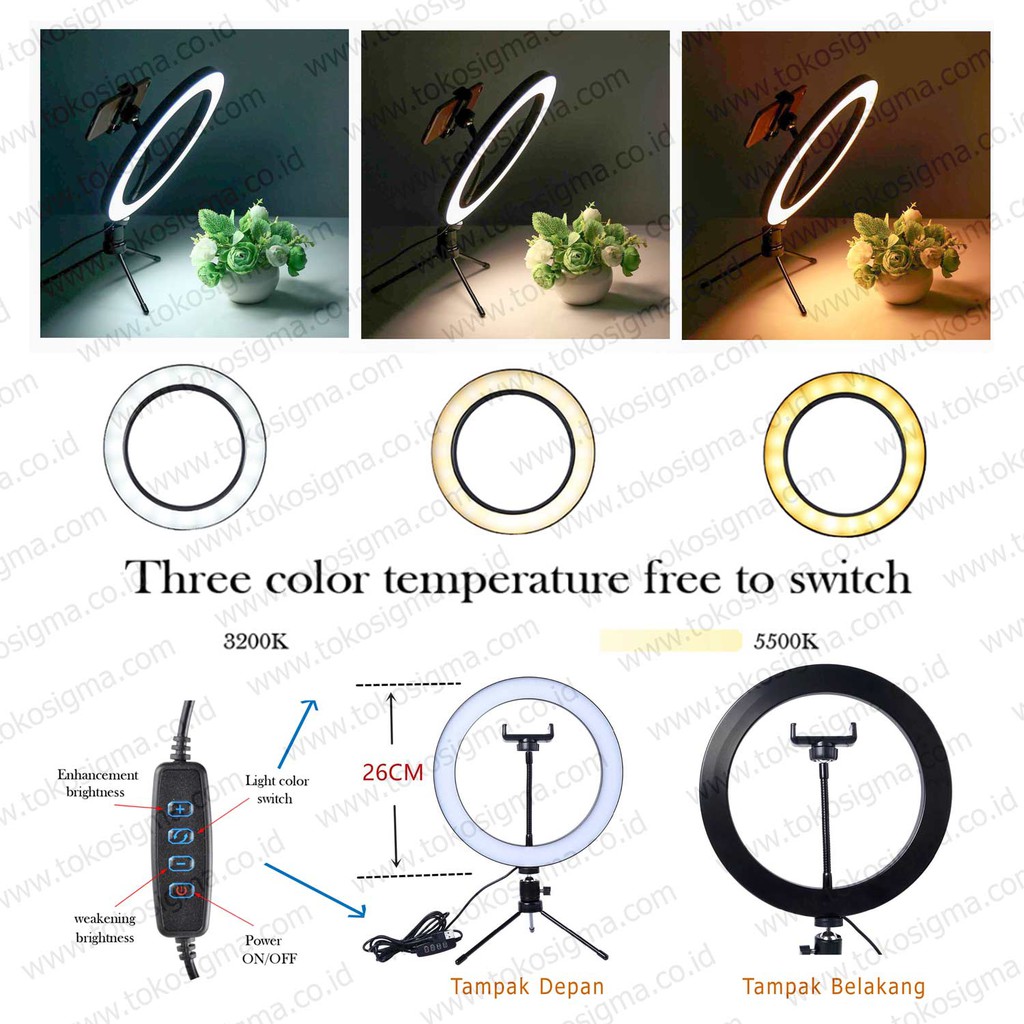 Selfie Ring Light Fill Lampu USB 3 warna LED 26cm Make UP Studio Phone Holder TRIPOD