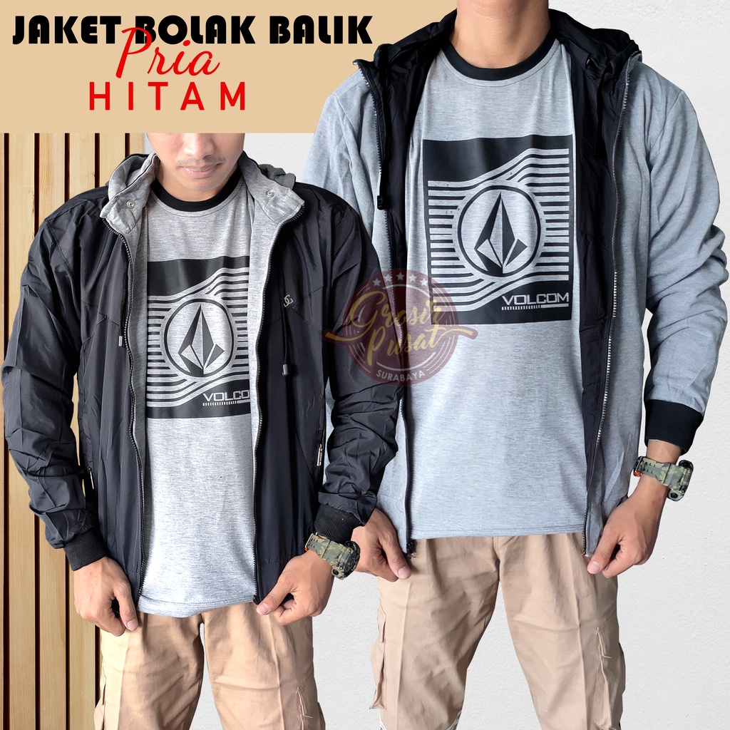 Jaket Bolak - Balik Hitam Parasut Fleece 2 In 1 Hoodie