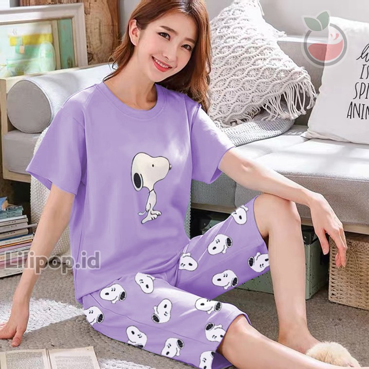 Baju Tidur Wanita 3/4 Stelan Celana Pendek Baby Doll Bahan Kaos Murah