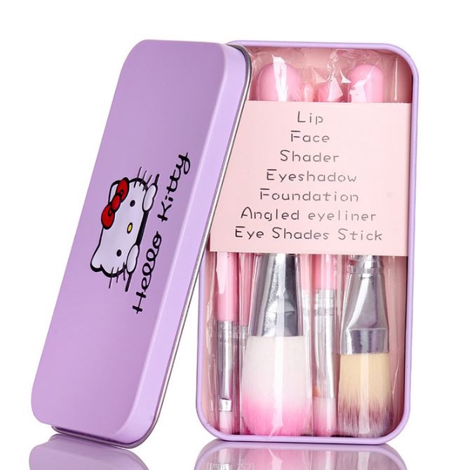 BV.ID KM053 KUAS BRUSH SET HELLO KITY MAKE UP BRUSH 7 IN 1 BOX BAHAN KALENG HELLO KITTY