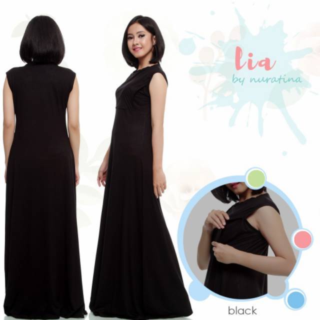 Gamis Busui Kutung Lia Black Hitam Baju Menyusui Dress Ibu Hamil