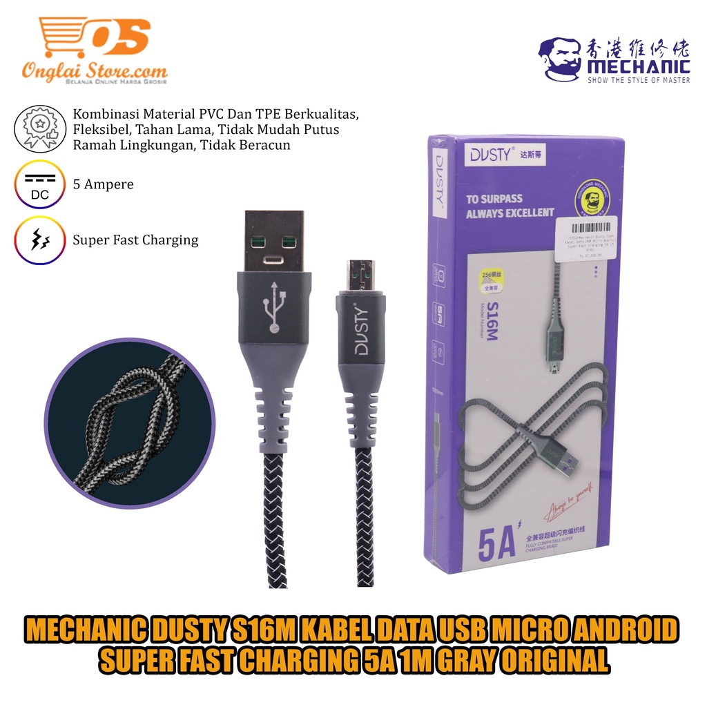 Mechanic Dusty S16M Kabel Data USB Micro Android Super Fast Charging 5A 1M Gray ORI