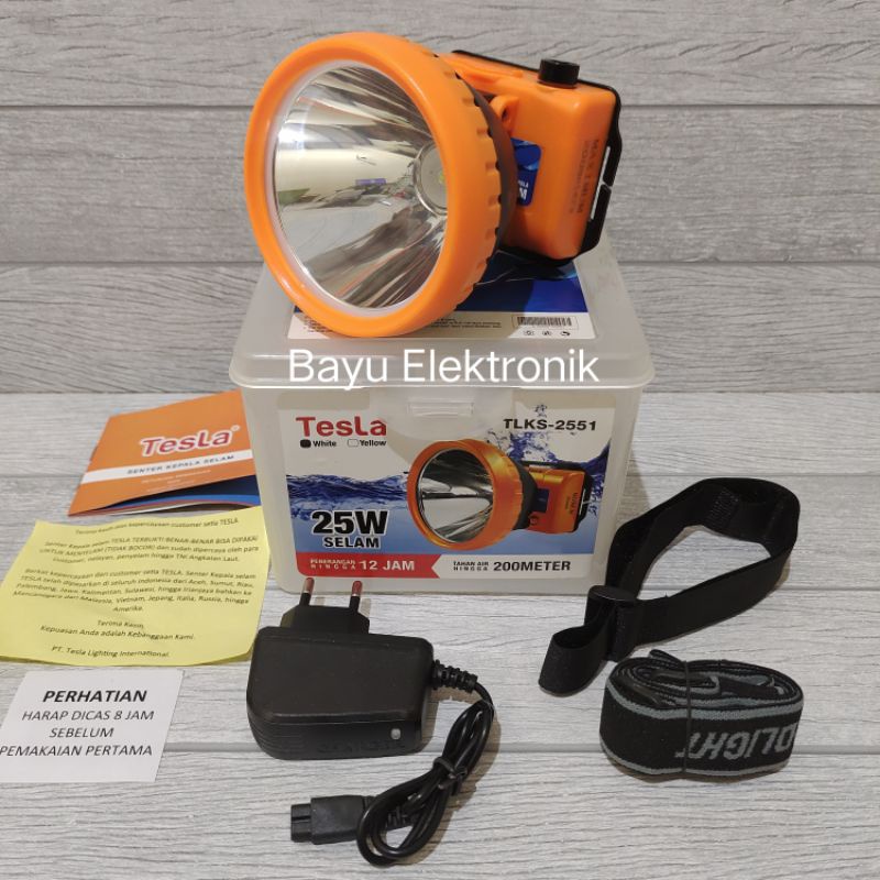 Senter Kepala Selam Diving Tesla 25 Watt TLKS-2551 Cahaya Putih Super Terang LED Cas Anti Air