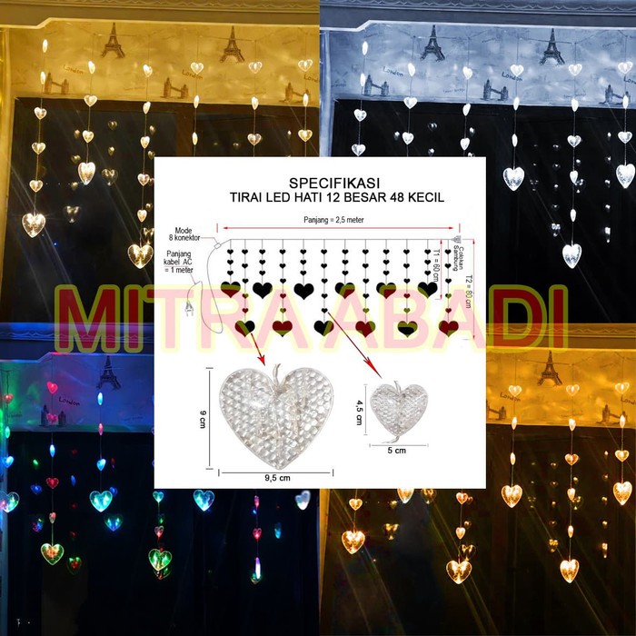 Lampu Natal Tirai LED 12 Big Love &amp; 48 Small Love / Hati