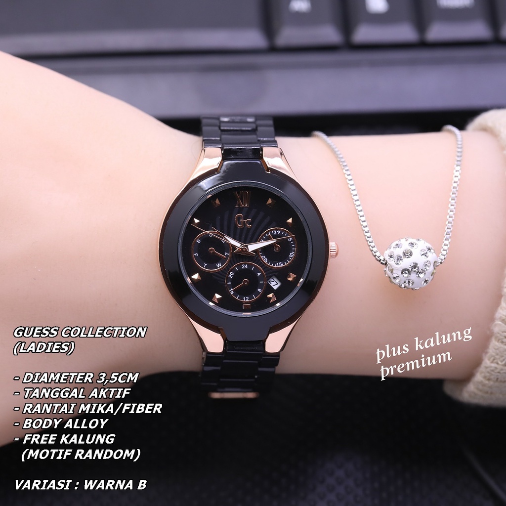 JAM TANGAN WANITA GC RANTAI MIKA BODY BULAT TANGGAL AKTIF FREE KALUNG