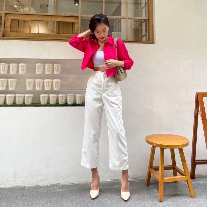 Hanin Crop Top Kemeja Polos Wanita Oversize Atasan Blouse Korean Style Unggul Fashion