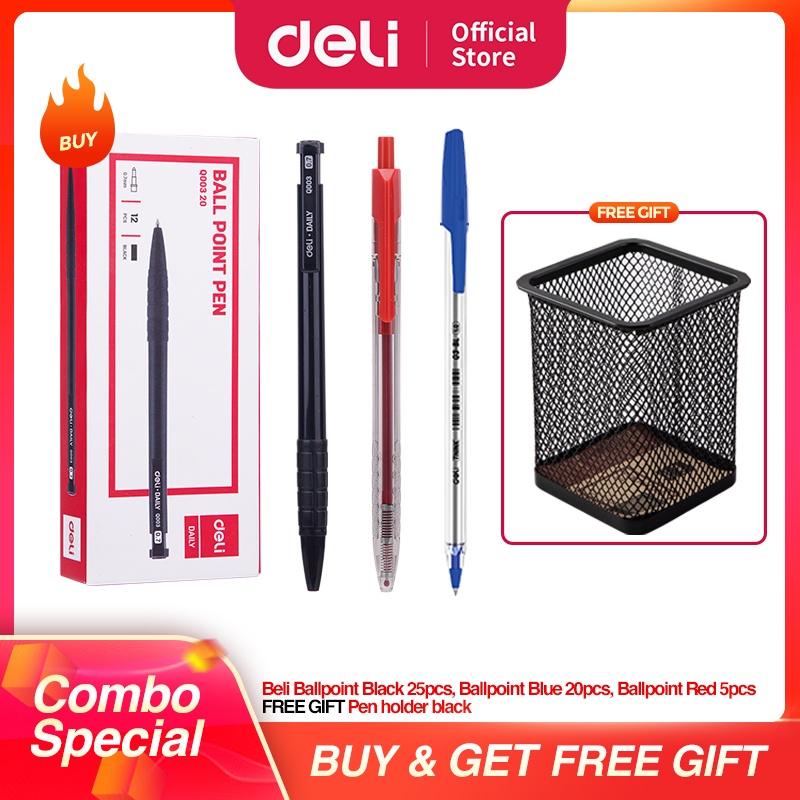 

DELI Paket Hemat 2 - Ballpoin Pulpen warna hitam,biru,merah 50pcs, Tempat pulpen hitam kotak praktis