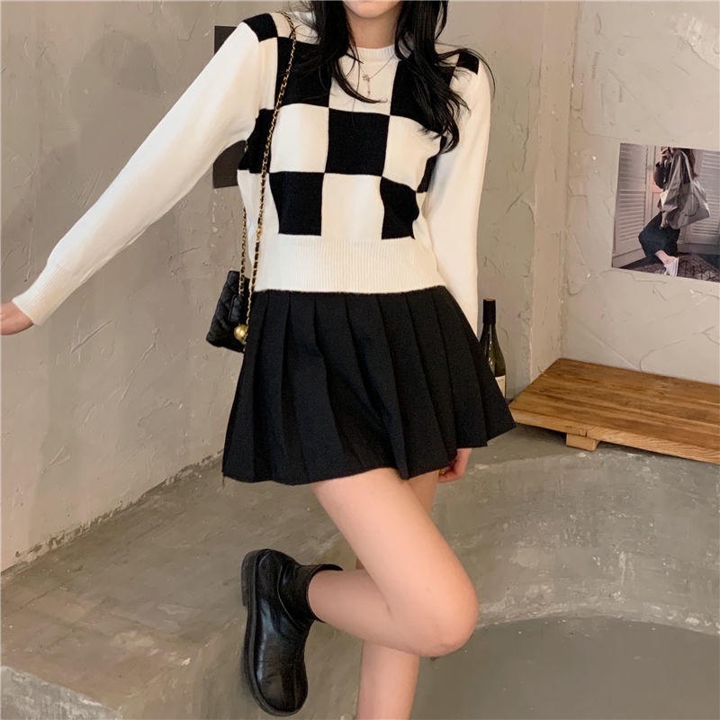 rajut crop top kotak kotak lengan panjang atasan import sweater korea