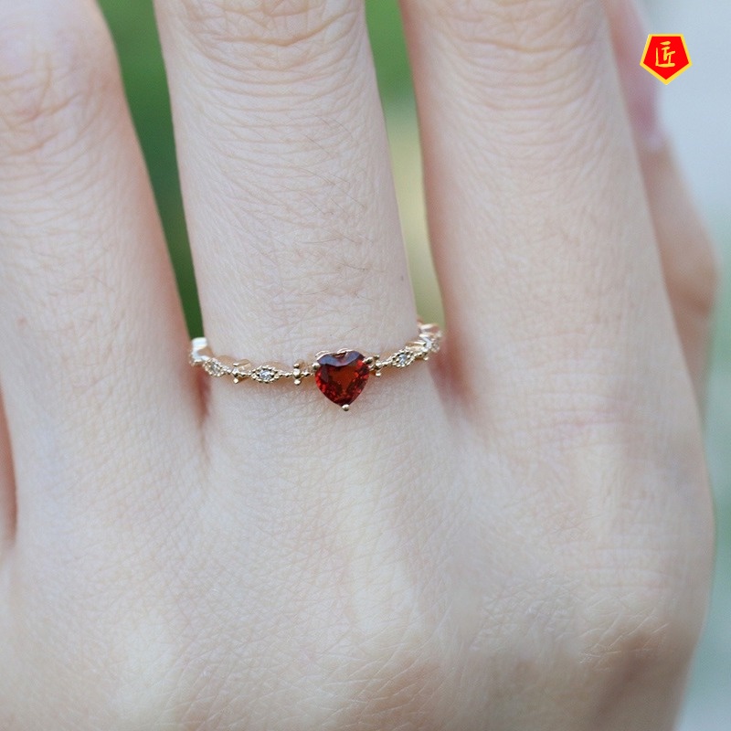 [Ready Stock]Women's Fashion Heart-Shaped Ruby Ring 14K Gold