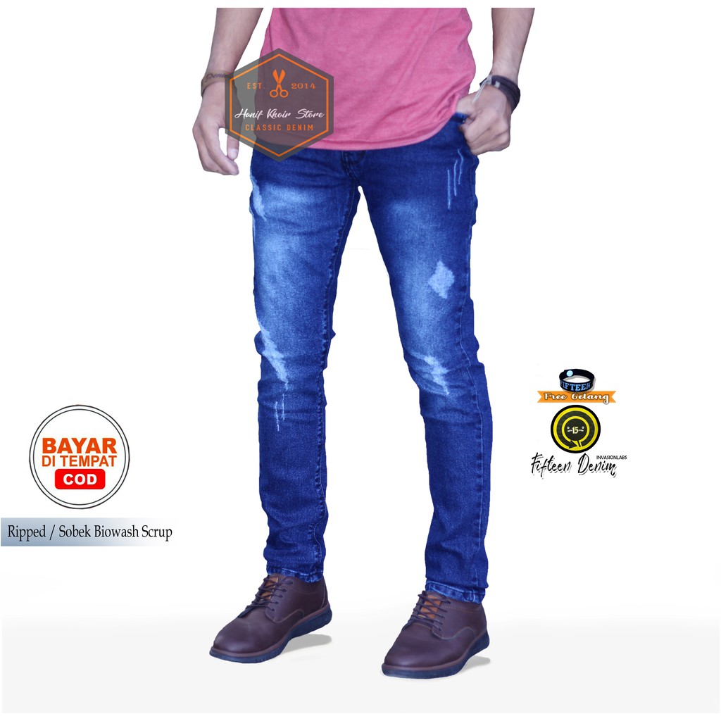 celana jeans panjang slimfit/skinny sobek/ripped cowok/cowo/pria murah dan grosir  biowash scrup