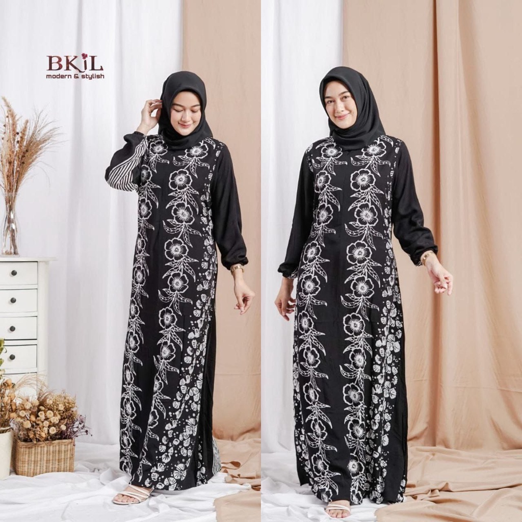Anya Batik | Gamis Batik Rayon Panjang Busui Friendly Warna Hitam Batik Kanthil