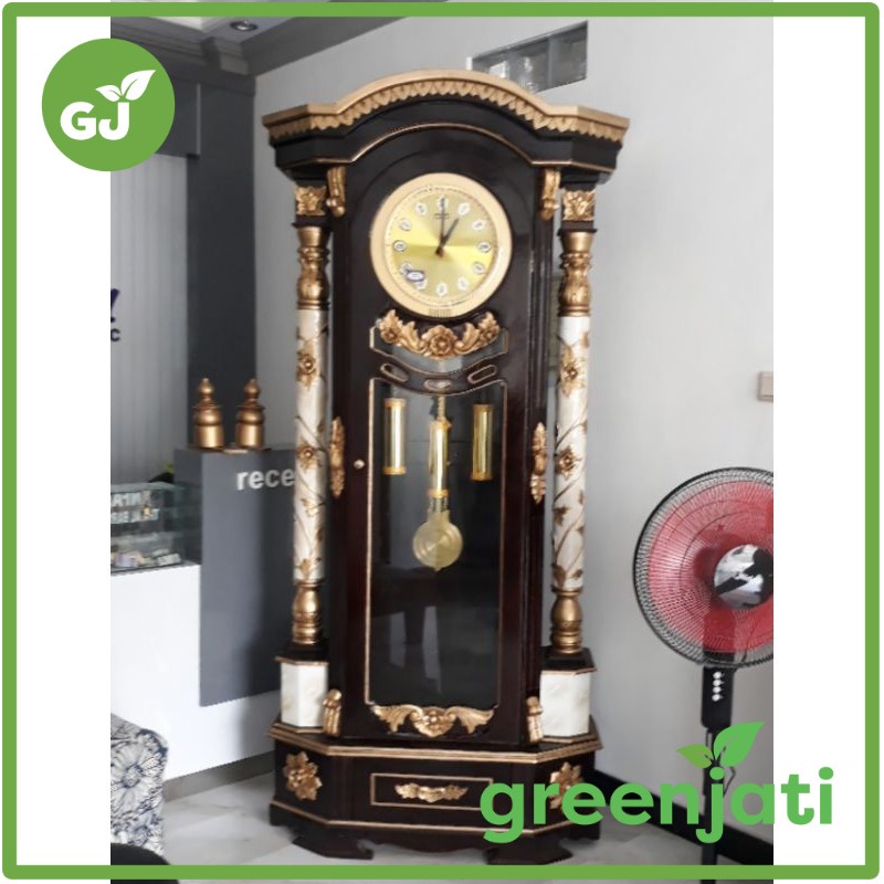 Greenjati Almari Jam Hias Mawar Kayu Jati Jepara + Jam Bandul