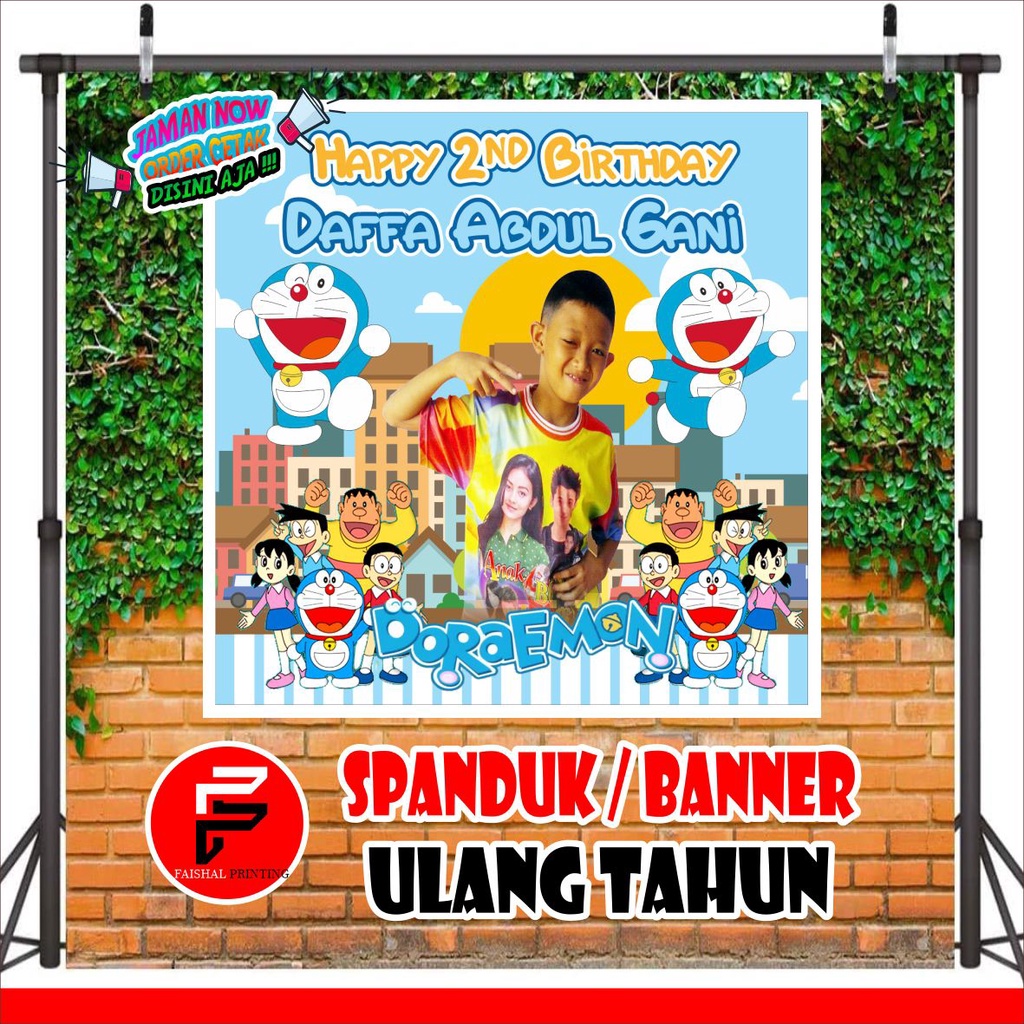 Spanduk / Banner / Backdrop Ulang Tahun Custom Tema DORAEMON UK. 1 X 1 M