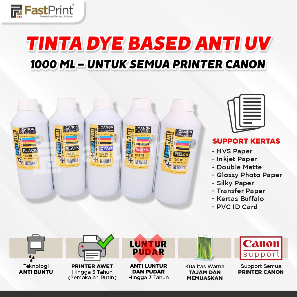 Tinta Dye Based Anti UV Canon 1 Set - 5 Warna - 1000 ML