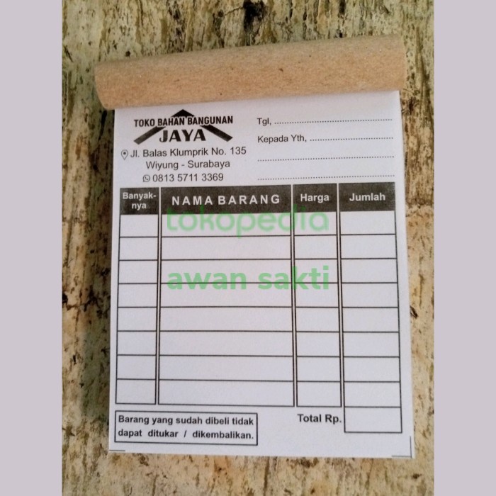 

(BISA COD) buku nota custom 1/8 folio - 1warna tanpa no, 2 ply tembus