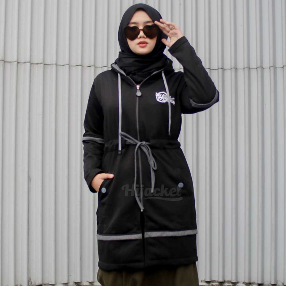 Jaket Hijacket Wanita Cewek Cewe Muslimah Jacket Hoodie Hijabers Kekinian Terbaru Modis Hijaket AUR-Hitam