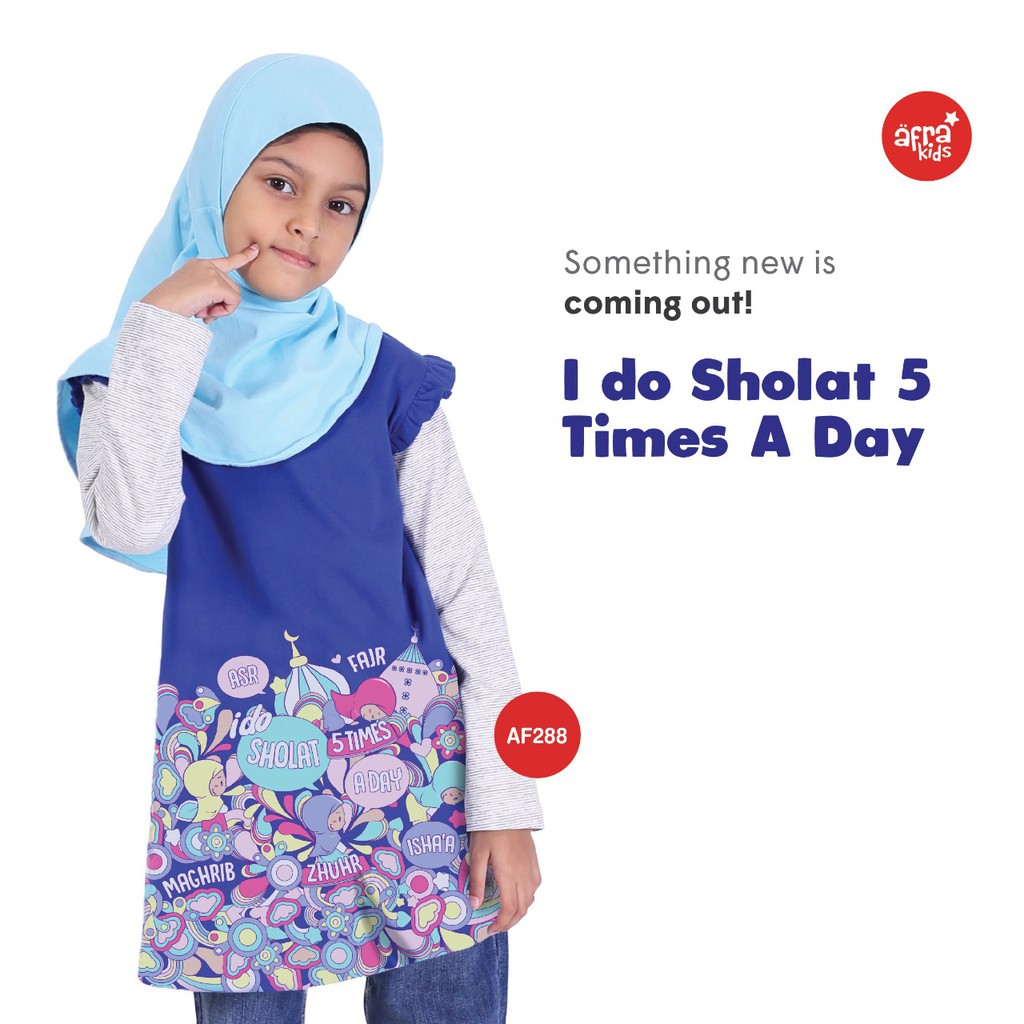 Kaos Tunik Anak Afrakids AF288 &quot;I Do Sholat 5 Times A Day&quot; Warna Biru Pon