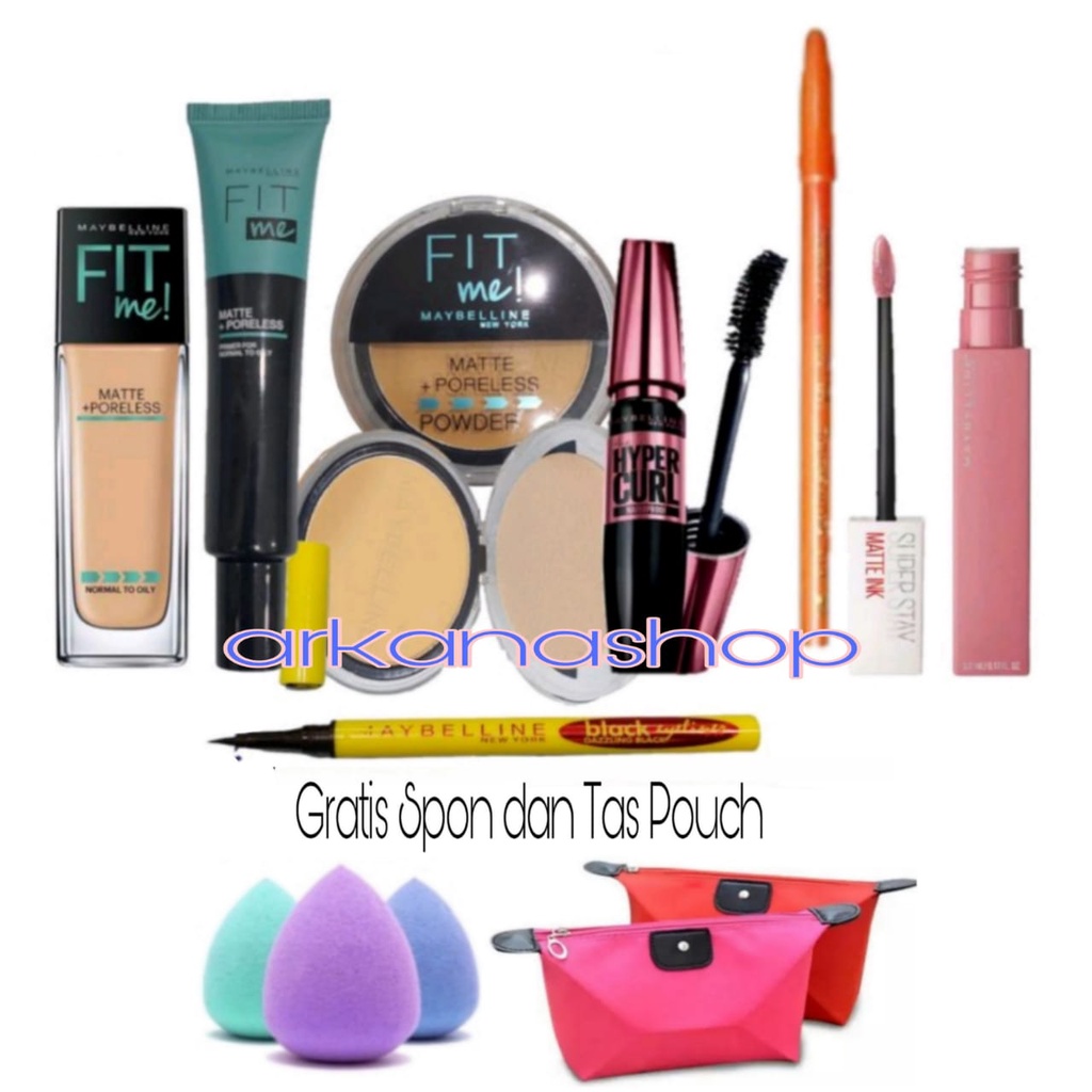 Paket Make-up Wanita 1 Set 7in1 / Paket Kosmetik Murah Lengkap 7in1 - Foundation+Bedak+Primer+Maskara+Eyeliner+Lipstik+Gratis Spon &amp; Tas Pouch