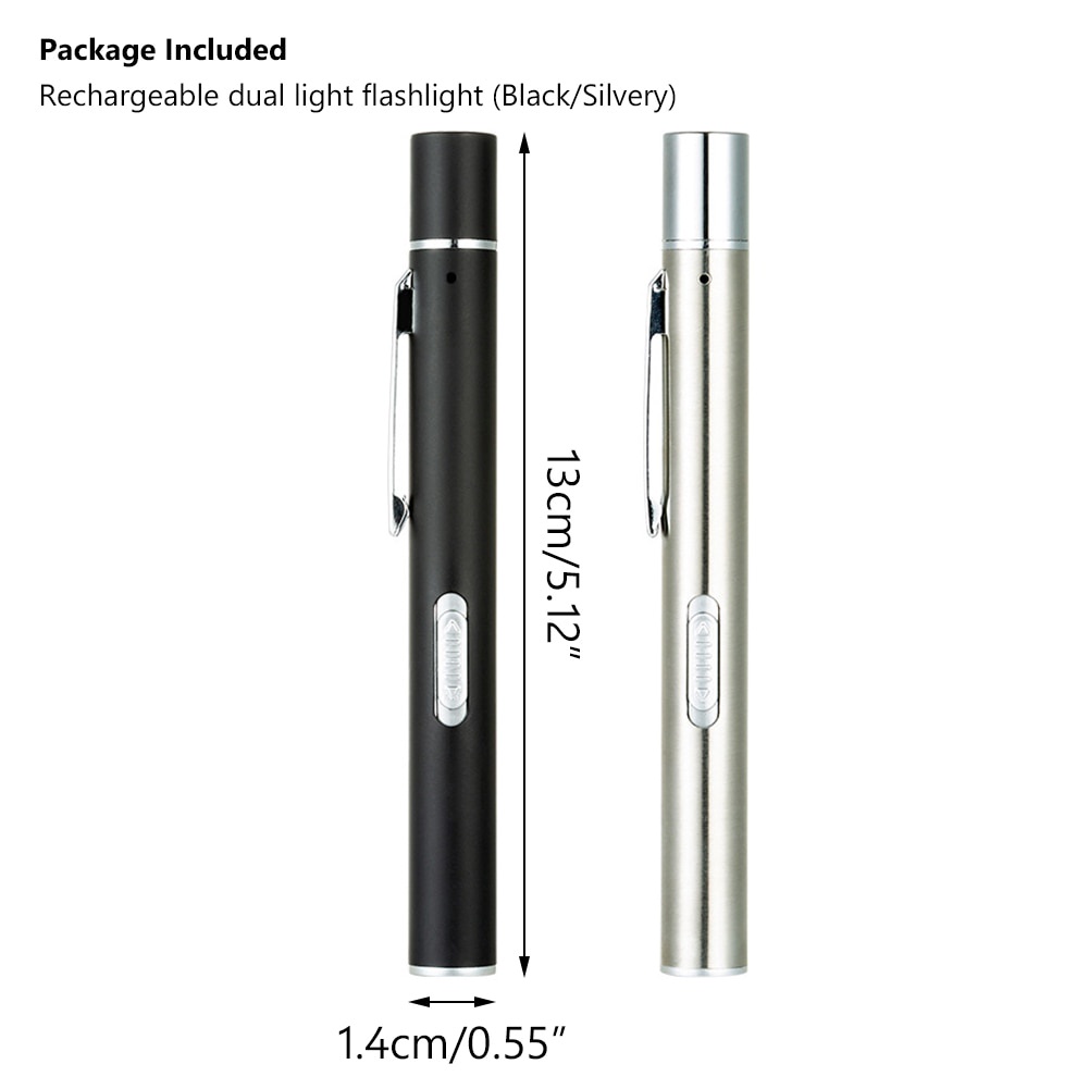 Mini LED Pen Flashlight Dual Light Source Stainless Steel USB Rechargeable Portable Pen Lamp