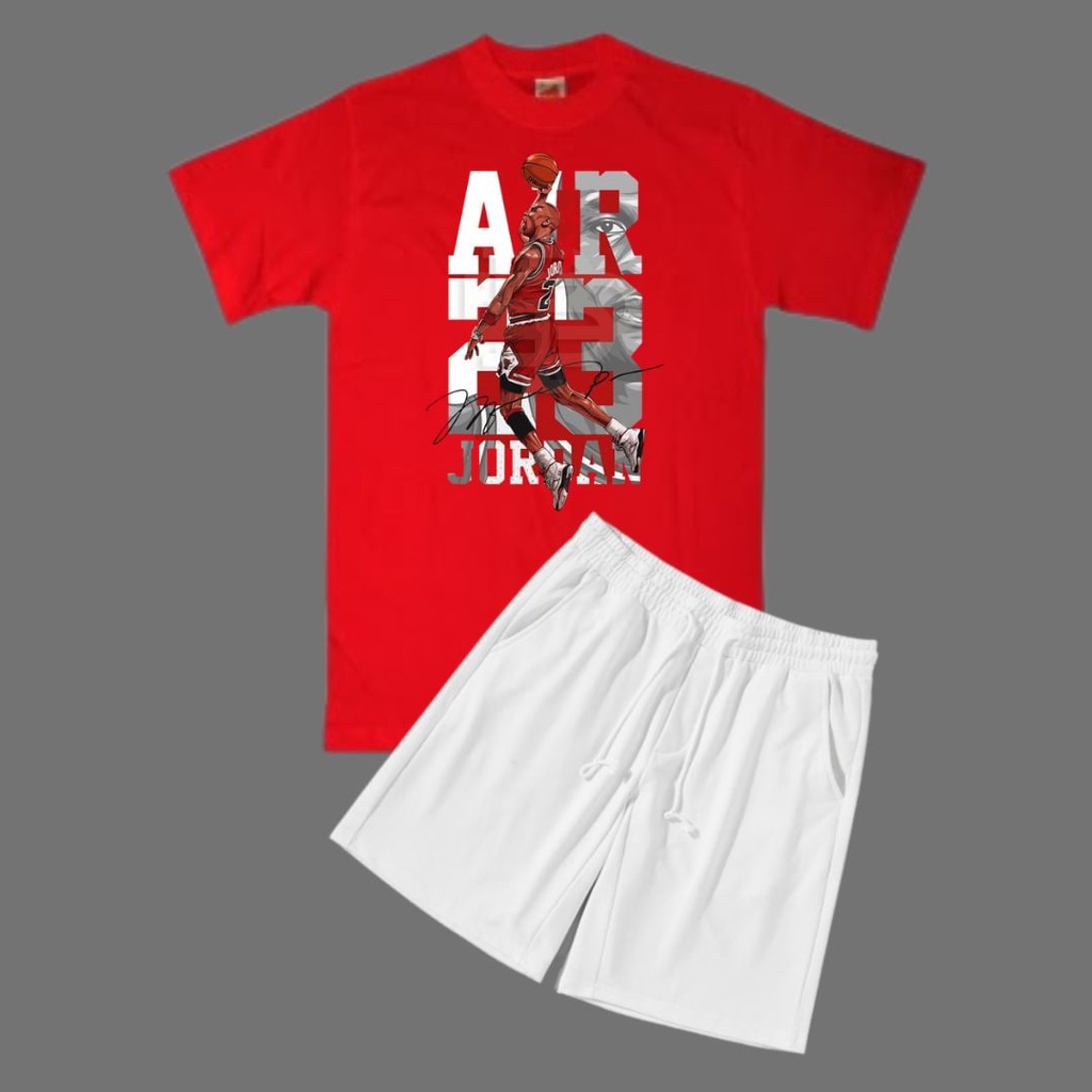 Clothing May - 1 Set Air 23 Jordan Merah Putih 1 Set One Set Oneset Satu Pasang Satu Setel Fashion Sepasang Kaos Koas Set Boxer Distro Kekinin T Shirt Tshirt T-Shirt Premium Murah Unisex Sablon Dtf Murah Celana Pria Pendek Tali Kolor Bokser