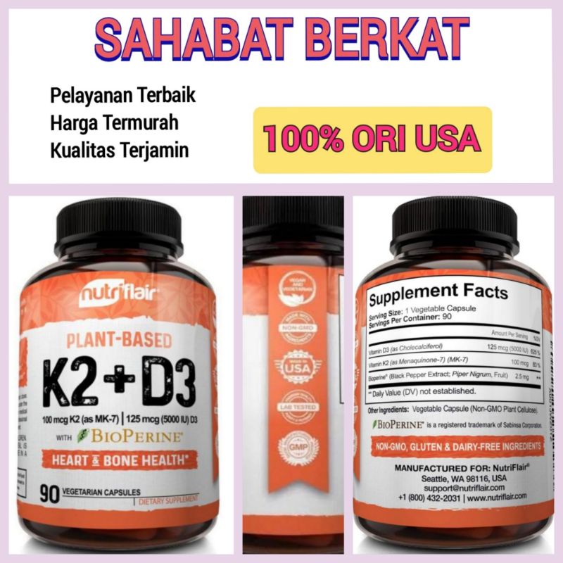 NutriFlair Vitamin D3 K2 5000 iu 100 mcg with BioPerine 90 vegetarian capsules