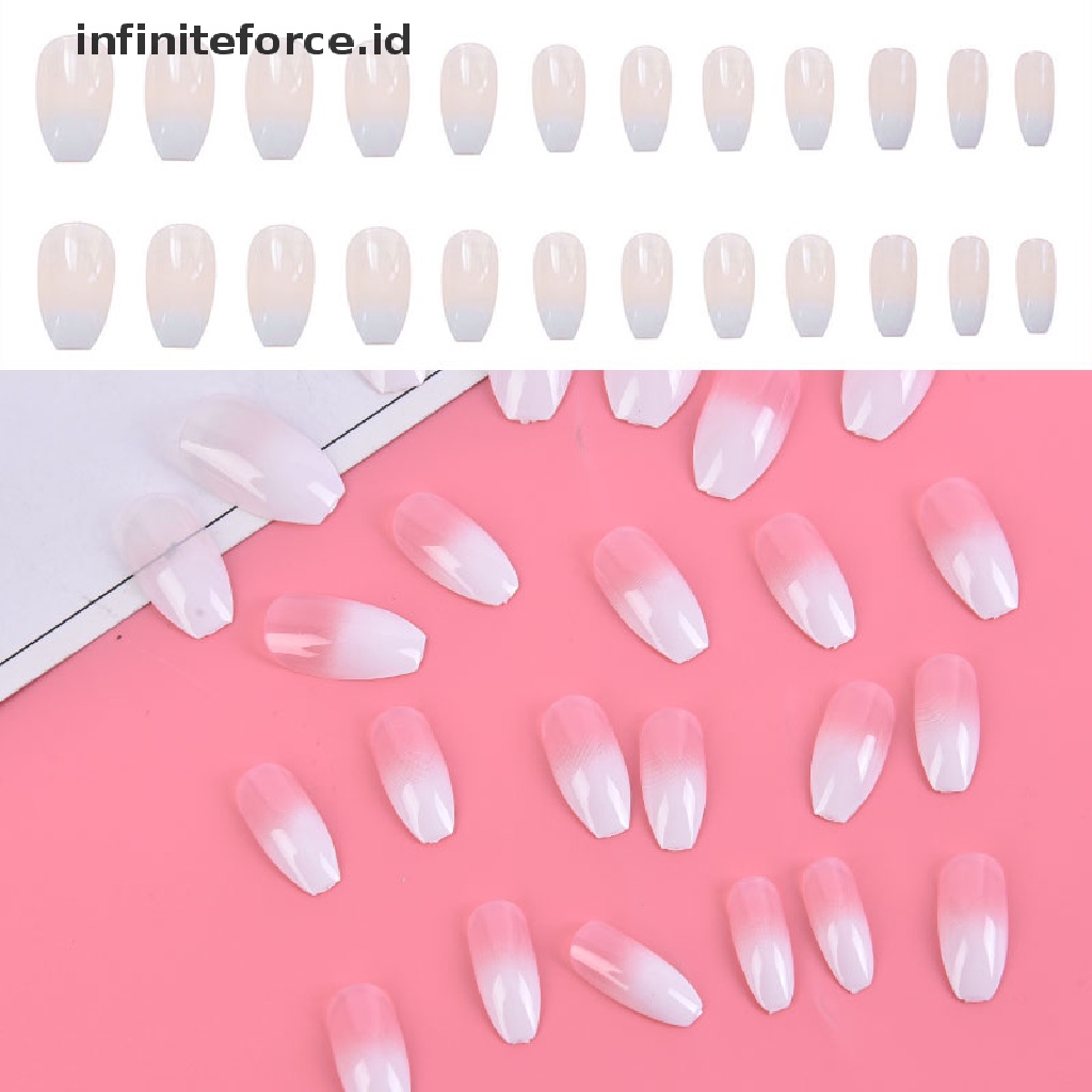 (infiniteforce.id) Kuku Palsu Akrilik Full Cover Warna Putih Gradasi Untuk Manicure / Nail Art