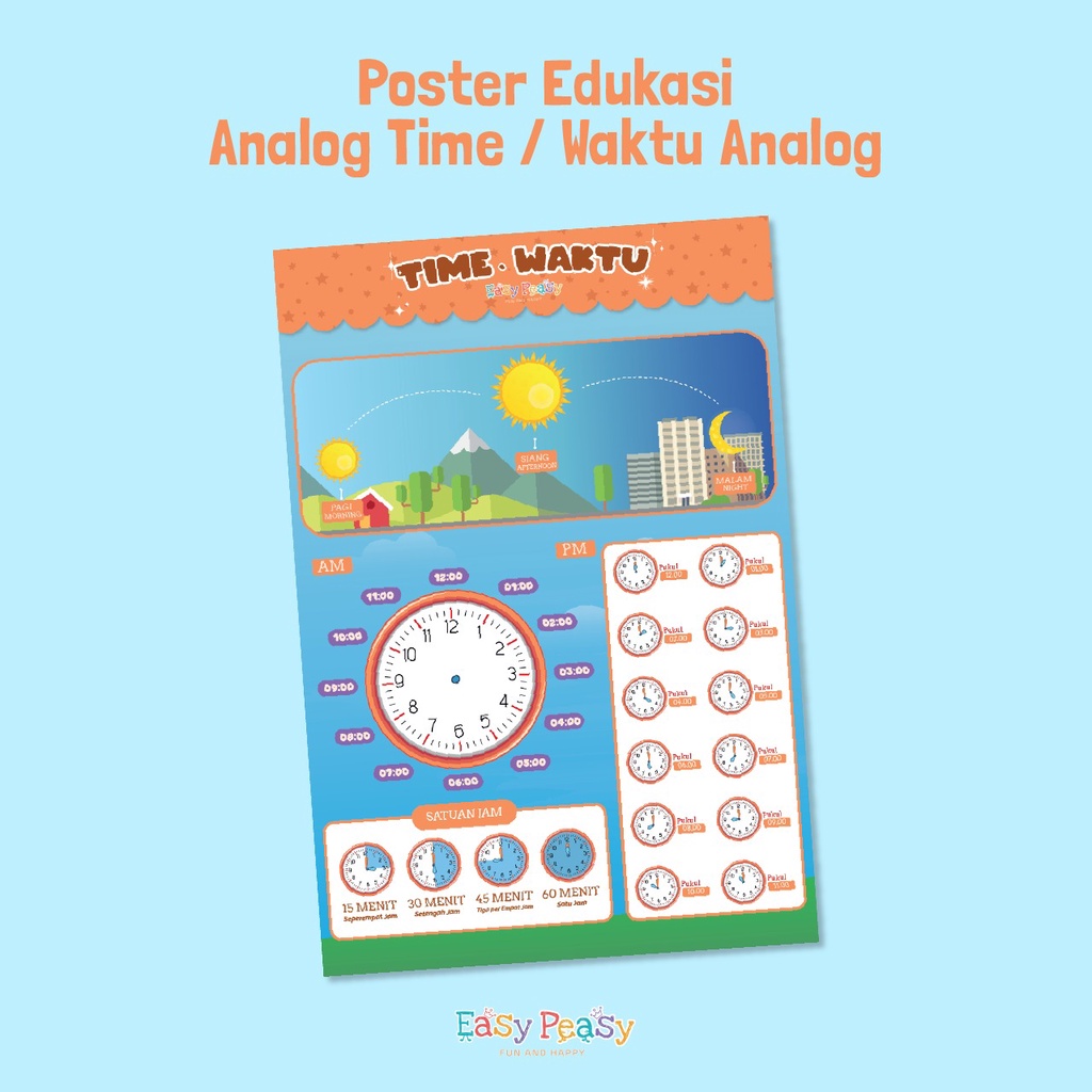 Jual Easy Peasy - Poster Edukasi Anak - Poster Time Waktu - Jam Analog