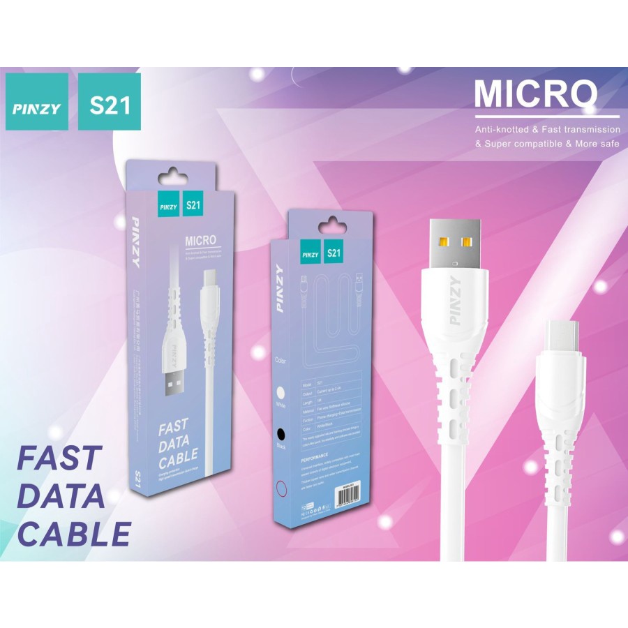 Kabel Data S21 Micro USB 2.4A Support Data Transmisi Panjang 1M