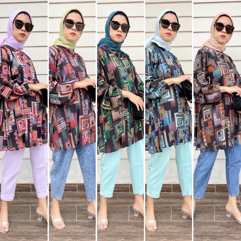 Atasan Wanita Big size Kemeja Lengan Balon Jumbo LD 120 Rayon Viscose Abstrak Polkadot Jinnie Blouse