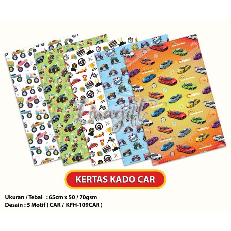 ( 5 Lembar ) KERTAS KADO SQ  DOFF - GIFT WRAPPING PAPER CARS / TRUCK / TRACTOR / RACING CAR / FERARRI