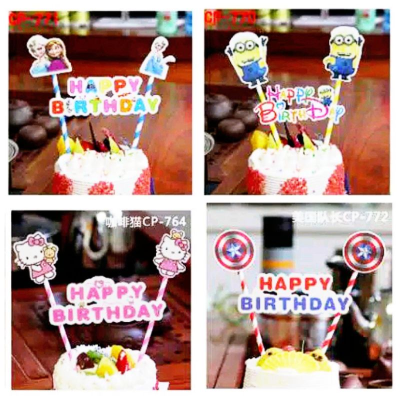 Topper Hiasan Kue Cupcake Kue Ulang Tahun Tulisan Happy Birthday Karakter