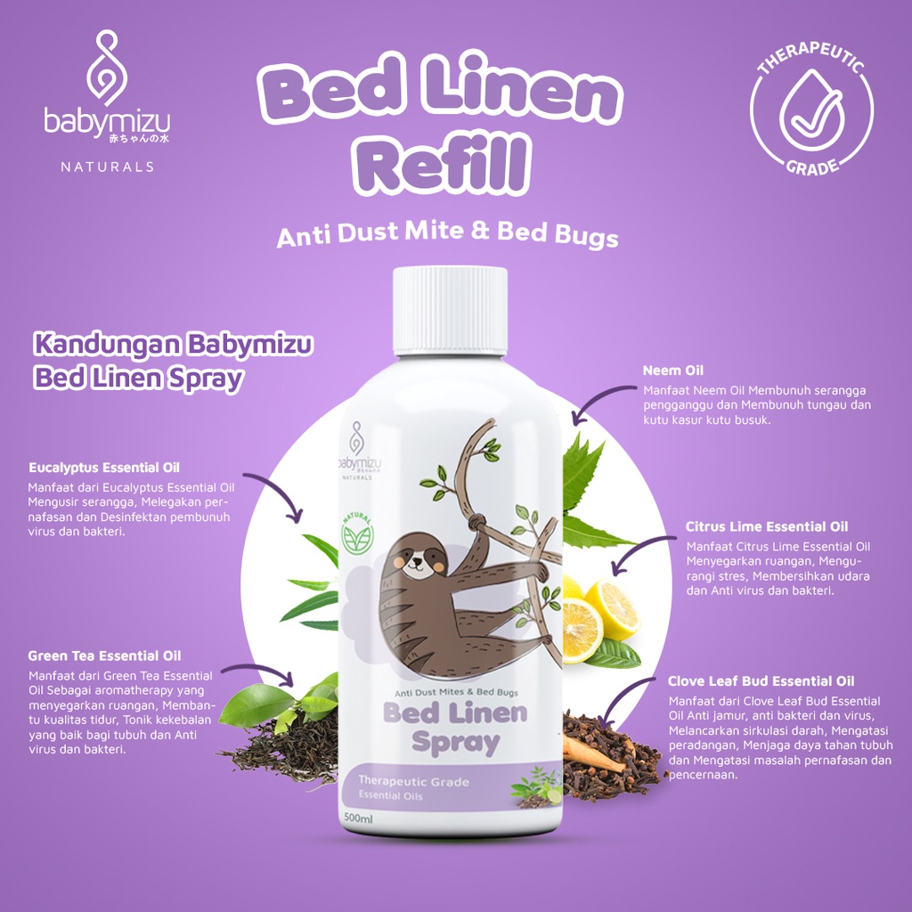 BABYMIZU Bed Linen Spray Natural Refill 500 ml - Spray Anti Tungau, Kutu Kasur, Kutu Busuk, Semut, Kecoa, Anti Bacterial &amp; Anti Virus