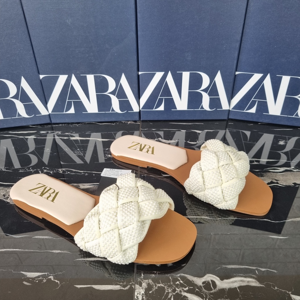 SANDAL ZR WANITA FLAT PEARL WOVEN SLIDE CRYSTAL - SZR032