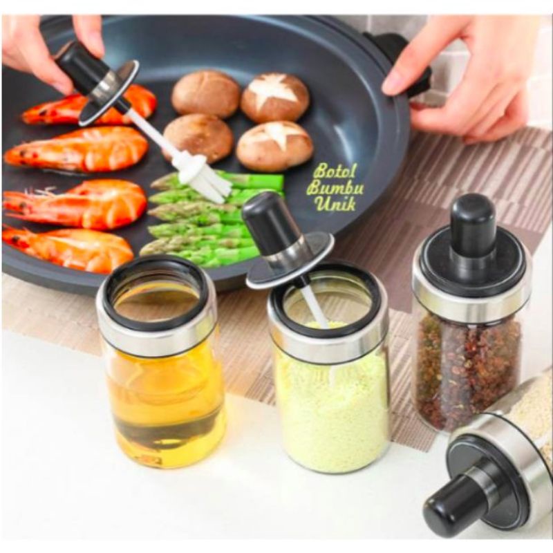Botol tempat bumbu unik bahan kaca dilengkapi sendok / wadah bumbu dapur organizer