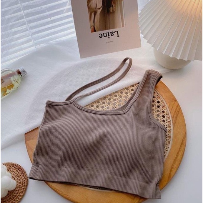 Tanktop 18 atasan crop top pakaian wanita dalaman cewek korea tank top dengan cup bra-Coklat