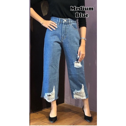 MAGCUN -Celana Panjang Denim Pinggang Tinggi- HW Boyfriend Kulot Ripped Claudy