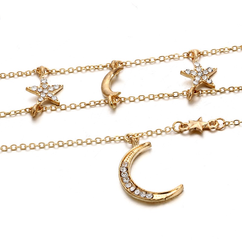 Set Kalung Rantai Klavikula Multilayer Dengan Liontin Bulan Bintang Aksen Berlian Imitasi Untuk Wanita