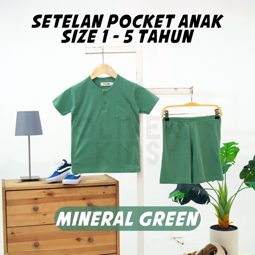 OliverKids Setelan Anak 1-5 Tahun Setelan Kiano Pocket Anak Celana Jogger Dan Baju Anak Polos Katun Combed One Set Henley Tee Setelan Pantai Anak-pocket mineral green