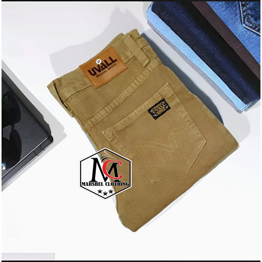 RCL - Celana Jeans Uvall Model Standar Regular Uval Pria Coklat Cream Biru Navy Hitam Biowash Bioblitz Blueblack Biru Muda Brown Dark blue (28-38) Terlaris