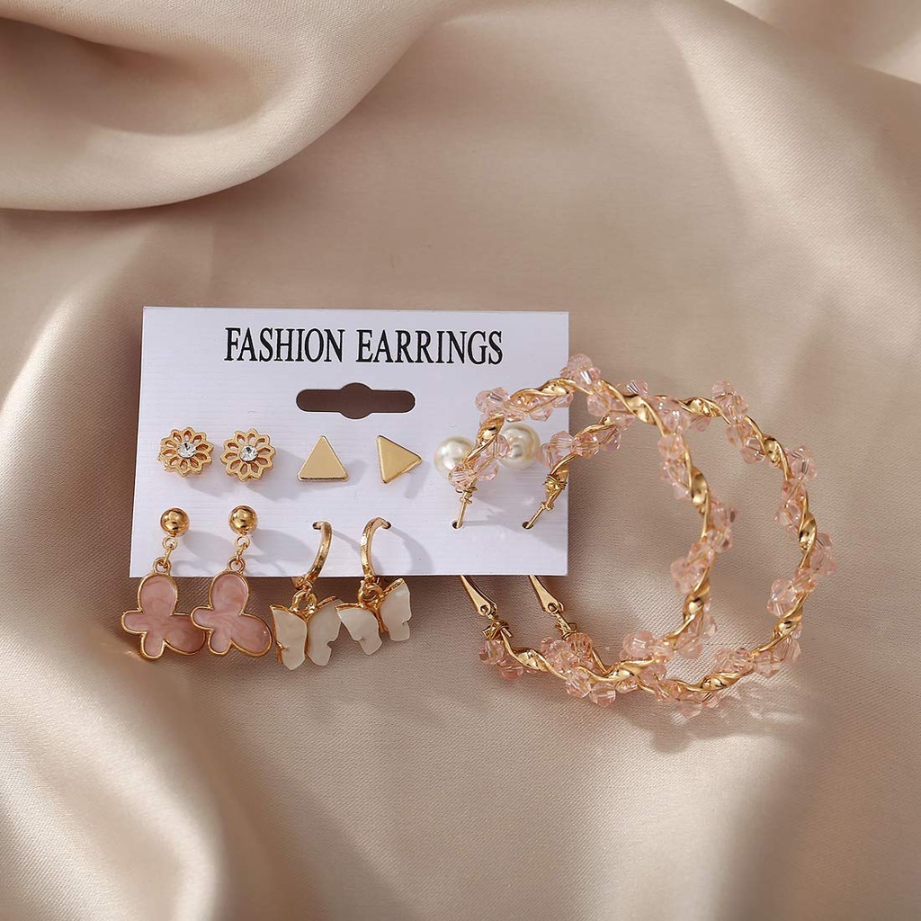 Anting Set Tusuk Korea 6 Pasang Kupu-Kupu Hoop Lingkaran Warna Pink Wanita Dalika