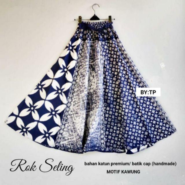 Rok Batik Cap Indigo Motif Seling Biru Kombinasi Bawahan Formal Wanita Casual Kantoran Katun Premium-Kawung