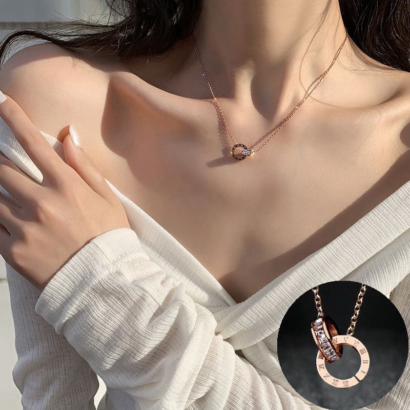 Kalung Roma Digital Penuh Berlian Pendant Rose Gold Titanium Steel